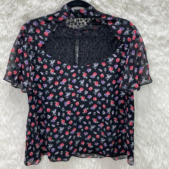 Nanette Lepore Silk Blouse Top Shirt Flutter Sleeve with Lace Floral M - Picture 8 of 9